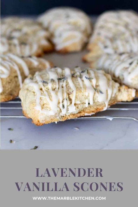 Flaky and light, these lavender vanilla scones are filled with fragrant lavender and topped with a sweet vanilla glaze. #scones #lavender #sconerecipe | themarblekitchen.com Vanilla Scones, Lavender Scones, Best Scone Recipe, How To Make Scones, Pumpkin Muffins Easy, Lavender Recipes, No Bake Energy Bites, Spice Muffins, Pumpkin Spice Muffins