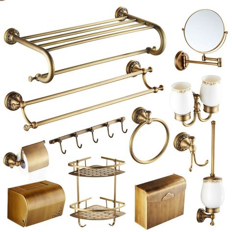 Antique Brass Carved Bathroom Hardware Sets European Bronze Brushed Bathroom Accessories Solid Brass Carved Bathroom Product gy5 Copper Bathroom Accessories, Brass Bathroom Fixtures, Brass Bathroom Hardware, Copper Bathroom, Towel Shelf, Bathroom Decor Luxury, Welding Table, Bathroom Hardware Set, Golden Apple