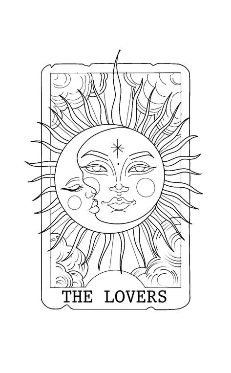 The Lovers Tarot Painting, The Lovers Sun And Moon, The Lovers Tarot Card Coloring Page, Tarot Card Lovers Tattoo, The Lovers Tarot Card Tattoo Design, Tarot Tattoo The Lovers, Sun And Moon Lovers Tattoo, Tarot Card Tattoo Outline, The Lovers Tattoo Tarot Cards