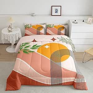 Erosebridal Mid Century Comforter Set Queen,Bohemia Sun Leaves Bedding Set for Youth,Geometric Lines Painting Quilt Set,Modern Abstract Boho Artwork Duvet Insert with 2 Pillowcases All Season Lines Painting, Orange Sunrise, Boho Artwork, Vintage Bedroom Decor, Modern Duvet, Boho Leaves, Kitchens Luxury, Vintage Bedroom, King Comforter Sets