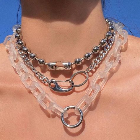 Transparent Chain Necklace, Acrylic Chain Necklace, Queer Jewelry, Men 2022 Fashion, Big Chain Necklace, Foodie Outfit, Three Necklaces, Vetements Clothing, Goth Necklace