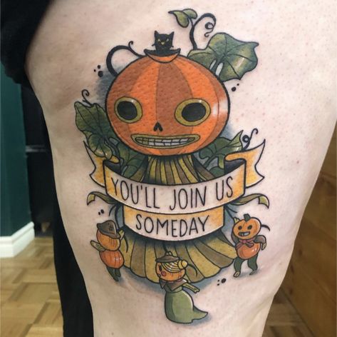 Over The Garden Wall Tattoo Simple, Tattoo Lantern, Over The Garden Wall Tattoo, Halloween Tattoo Ideas, Tattoo Over Scar, Pumpkin Tattoo, Prison Tattoos, Fantasy Tattoos, Spooky Tattoos