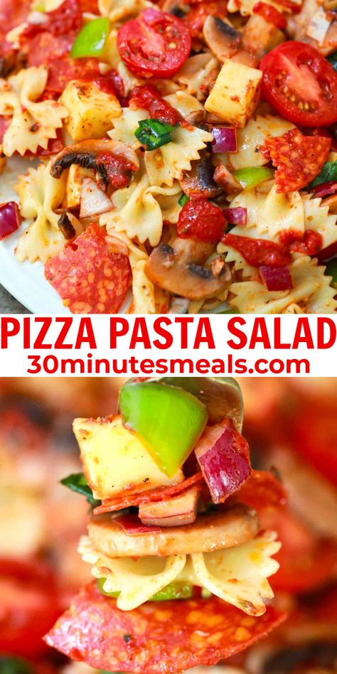 Rachel Ray Recipes Pasta, Pizza Pasta Salad Recipes, Pasta Potluck Ideas, Layered Pasta Salad Recipes, Halloween Pasta Salad Ideas, Pizza Salad Recipe, Salad To Go With Pizza, Sabbath Ideas, Pepperoni Pizza Pasta Salad