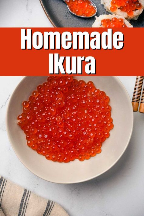 An ultra easy to recipe to make, this Ikura, or cured salmon roe, is made with just a few ingredients and is ultra decadent and fancy! Curing fresh salmon roe in a brine of dashi, soy sauce and a touch of sugar gives the ikura and amazing, umami flavor, which pairs perfect with the richness of the roe. Salmon Roe Recipes, Ikura Recipe, Thai Shrimp Salad, Sashimi Bowl, Udon Stir Fry, Thai Salmon, Salmon Caviar, Cured Salmon, Caviar Recipes