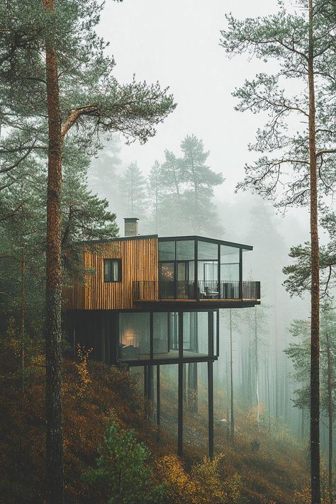 Elevated luxury dream house surrounded by high pine trees in a misty Scandinavian forest. Check out all of these fresh and exciting houses that turn a dream home into a reality full of personality and curb appeal! Tree House Style Home, Tree House In Forest, Dark Forest House, Forest House Architecture, Villa In Forest, Tree House Homes, Forest House Aesthetic, Forest Tree House, Tree House Hotel