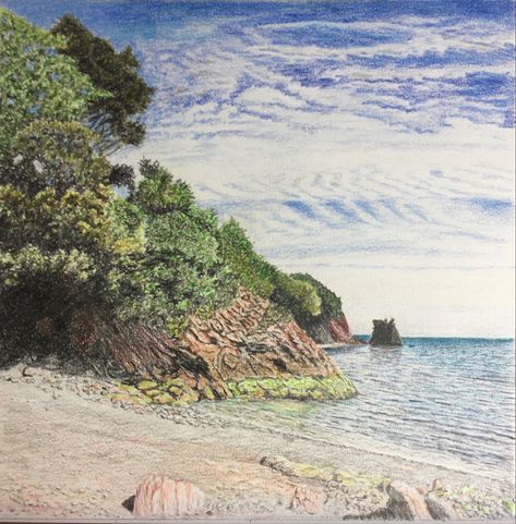 Coloured pencil drawing looking along the beach at Beacon Cove on the Eastern Torbay coastline Beach House Colors, Pencils Art, Beach Drawing, Beach Color, Colored Pencil Drawing, Beach Landscape, Color Pencil Art, Color Pencil, Colorful Landscape