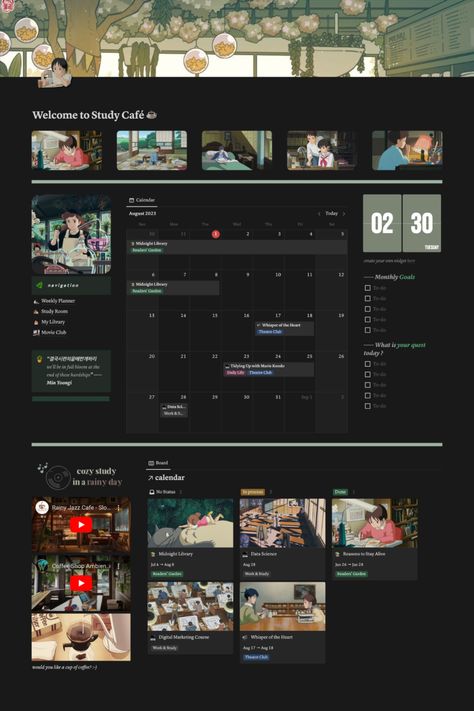 Free Study Café Notion Template (dark mode) Notion Desktop Templates, Vintage Notion Template, Notion Timetable Template, Notion Studio Ghibli Template, Dark Academia Notion Template Free, Notion Home Page Template Free, Study Notion Template Free, Notion Aesthetic Template Free, Notion Study Template Free