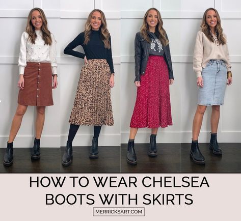 4 Ways to Wear Chelsea Boots With Skirts - Merrick's Art Midi Skirt With Chelsea Boots, Chelsea Boots Skirt, Midi Dress With Boots, Midi Skirt With Boots, Chelsea Boot Outfits Women, Ankle Boots Skirt, Boots With Dresses, Skirt Outfits With Boots, Chelsea Boots Dress