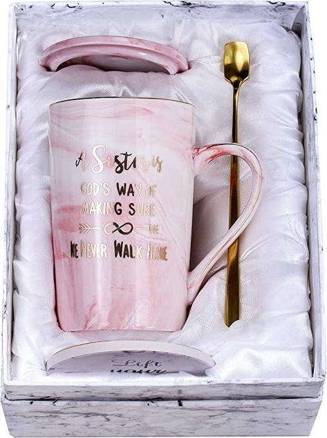 Amazon.com: Jumway Sister Mug and Sister Gifts - Graduation Gifts for Women - A Sister Is God'S Way Of Making Sure We Never Walk Alone - Gifts for Sister Graduation Pink Marble Ceramic Coffee Cup 14oz : Home & Kitchen Sister Mug, Rakhi Gifts For Sister, Raksha Bandhan Gifts, Marble Ceramic, Pink Coffee Mugs, Stylish Text, Marble Ceramics, Best Coffee Mugs, Walk Alone