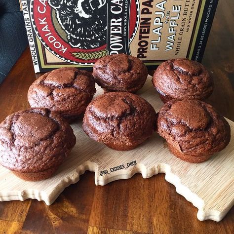 CHOCOLATE PEANUT BUTTER POWER MUFFINS Kodiak Chocolate Protein Muffins, Kodiak Dark Chocolate Recipes, Dark Chocolate Kodiak Cakes Recipes, Kodiak Cakes Muffins Chocolate, Chocolate Kodiak Recipes, Kodak Muffin Recipes, Kodiak Cupcakes, Power Cakes Recipes Kodiak, Kodak Protein Muffins