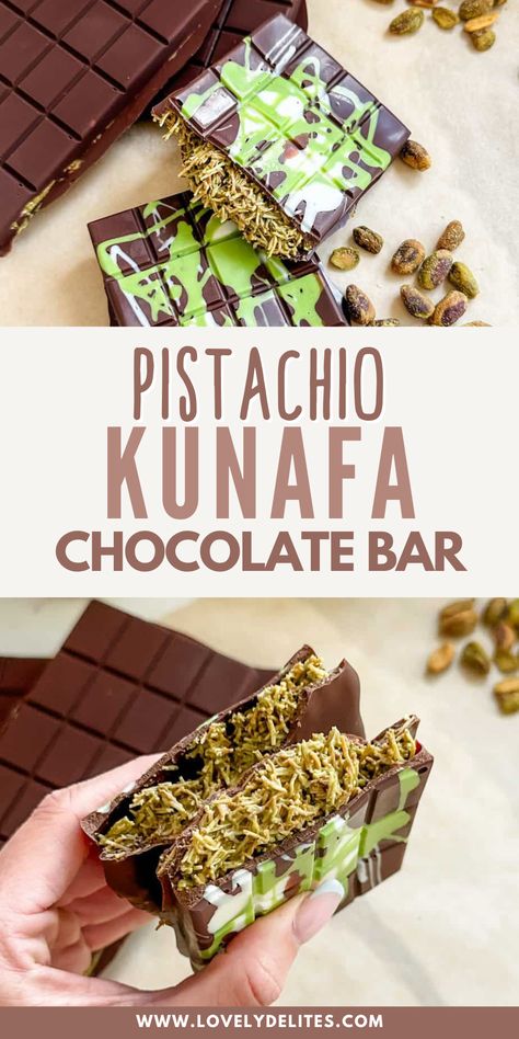 Learn how to make the Viral Pistachio Kunafa Chocolate Bar. This recipe combines dark chocolate, crunchy fried dough, and pistachio butter to create a delicious treat. And it is such a unique dessert to share! How To Make Dubai Chocolate Bar, Pistachio Chocolate Bar Recipe, Pistachio Butter Recipe Desserts, Dubai Viral Kunafa Chocolate Recipe, Pistachio Knafeh Chocolate Bar, Knafeh Chocolate Bar Recipe, Pistachio Kunafa Chocolate Bar, Kunafa Chocolate Bar, Chocolate Kunafa Recipe