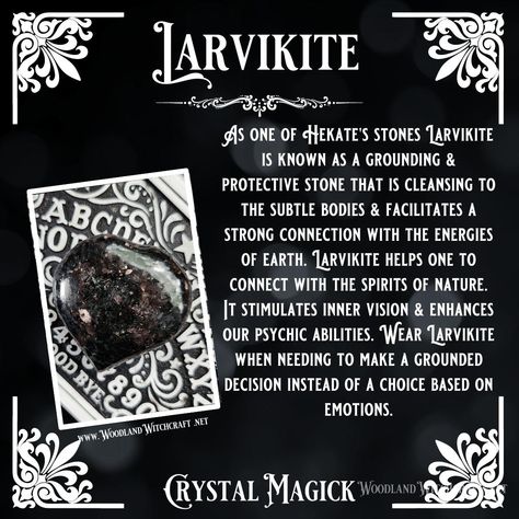 Experience the magick of Larvikite - the beautiful and mysterious stone of transformation. Its deep black color hints of forgotten knowledge and ancient secrets. tumbled stones available in my shop! www.woodlandwitchcraft.net #crystals #gemstones #meditation #witch #witchcraft #larvikite Larvikite Crystal Meaning, Larvikite Meaning, Nocturnal Witch, Hekate Aesthetic, Larvikite Crystal, Goddess Hekate, Witch Woman, Crystal Care, Woo Woo