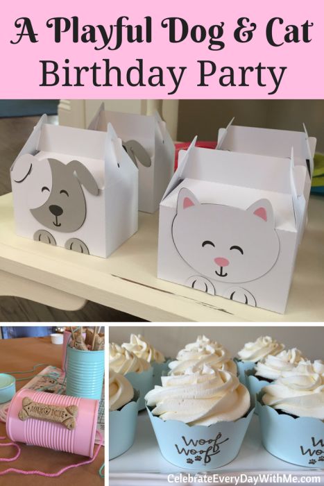 Fun kids' party ideas for my little animal-lover! Cat And Dog Party Theme, Pet Shop Party Ideas Birthday, Pet Party Invitations, Kitten And Puppy Birthday Party, Animal Lover Birthday Party, Vet Party Ideas, Dog And Cat Party Ideas, Cats And Dogs Birthday Party For Kids, Cat Dog Birthday Party