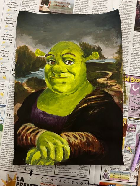 Shrek Mona Lisa, Modern Aesthetic Painting Ideas, Shrek Paintings Canvas Easy, Shrek Drawing Funny, Shrek Canvas Painting, How To Draw Shrek, Edgy Drawings Aesthetic, Shrek Sketch, Shrek Painting