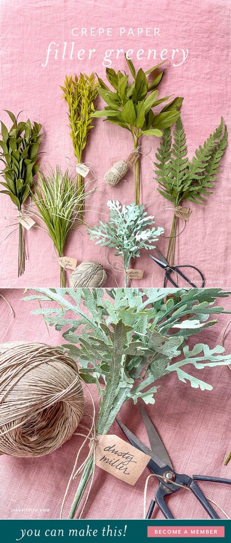 Crepe Paper Filler Greenery DIY Pattern & Tutorial - Lia Griffith - created via https://pinthemall.net Cricut Crepe Paper Flowers, Paper Greenery Diy, Cricut Greenery, Crepe Paper Greenery, Felt Greenery, Bouquet Fillers, Filler Greenery, Paper Flower Bouquets, Crepe Paper Flowers Tutorial