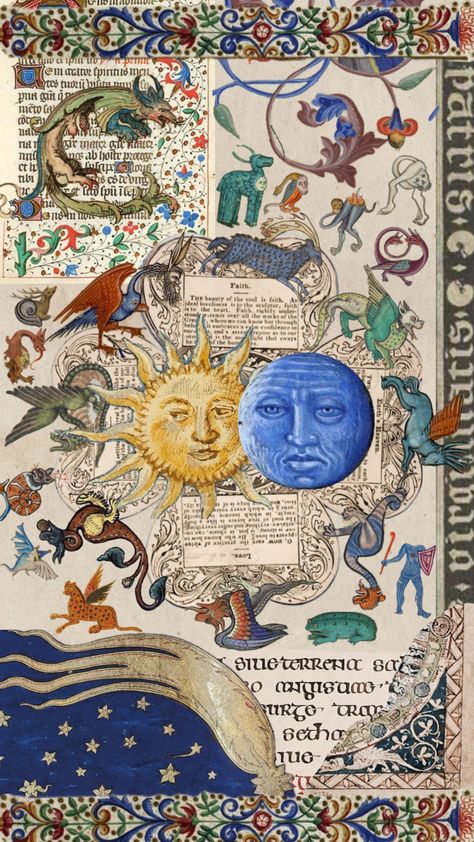 #medieval #medievalart #illuminatedmanuscript #art #moon #sun #celestial #history Sun Celestial, Medieval Artwork, Medieval Aesthetic, Illustrated Manuscript, Medieval Books, Art Moon, Medieval Manuscript, Collage Background, Antique Illustration