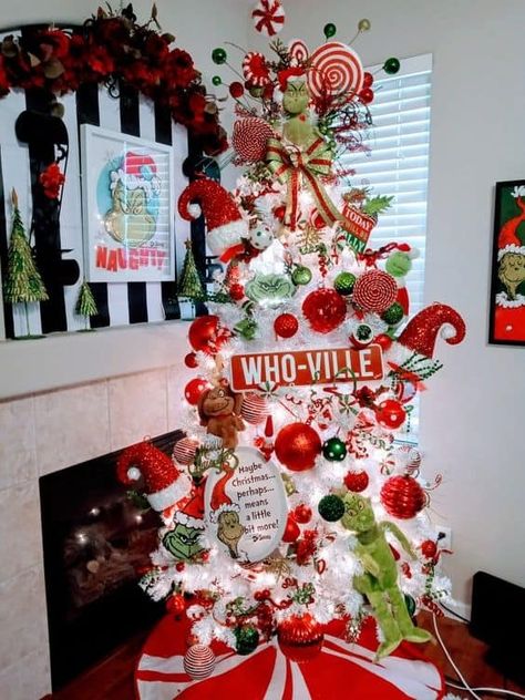 16 Grinch Christmas Tree Decorating Ideas » Lady Decluttered The Grinch White Christmas Tree, Grinch Themed Room Decor, Christmas Tree Theme Ideas 2022, Chrinchmas Tree, White Christmas Tree Grinch Theme, Christmas Decor Ideas Grinch Theme, Grinch Themed Christmas Decoration Living Room, Grinch Holiday Decorations, Grinch Christmas Home Decor