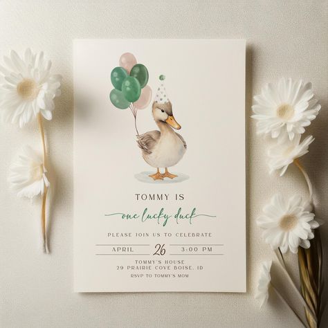 One Lucky Duck Birthday Invitation Template | Editable Green 1st Birthday Printable Invite | Duck First Birthday S730 Duck Themed Birthday Party, One Lucky Duck Birthday Party, Duck First Birthday, Lucky Duck Birthday, One Lucky Duck, Duck Birthday, Lucky Duck, Baby Boy First Birthday, Bday Girl