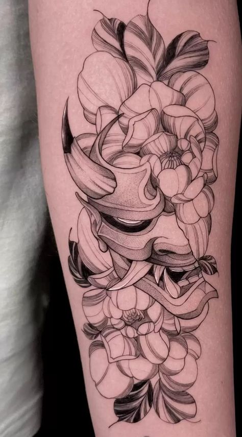 Oni Mask And Flower Tattoo, Oni Mask Woman Tattoo, Oni Mask Tattoo Thigh, Cracked Oni Mask Tattoo, Feminine Oni Mask Tattoo, Oni Mask Cherry Blossom Tattoo, Oni Skull Tattoo, Female Oni Mask Tattoo, Traditional Japanese Oni Mask Tattoo