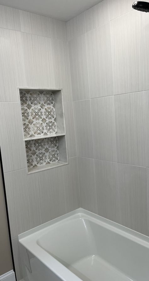 Vertical Tub Tile, Big Tile In Shower With Tub, Bathtub Shower Combo Large Tile, Bath Tub With Large Tile, Tub With Tile Walls And Niche, Tub Tile Surround Ideas Bathroom, Long Tile Shower Wall, Tub Enclosure Tile Ideas, Soaker Tub With Tile Surround