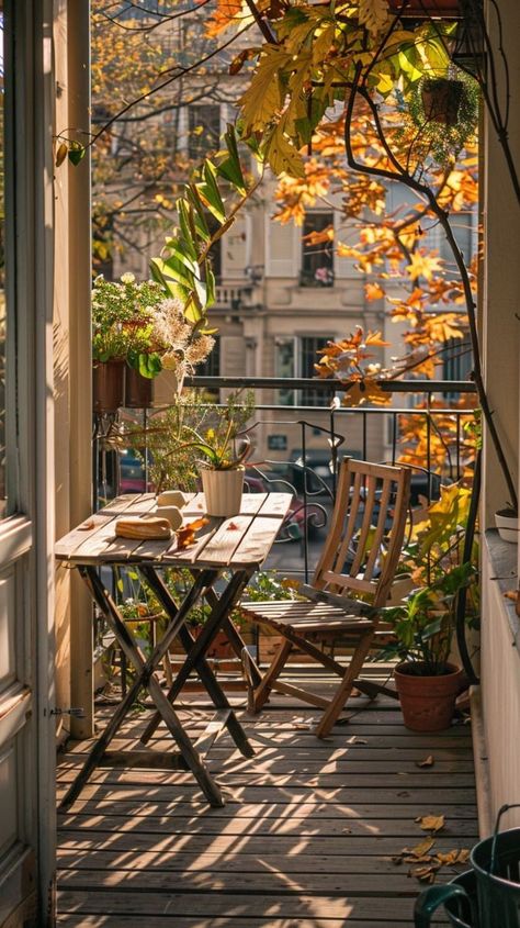 Little Balcony Ideas, Cozy Vintage Apartment, Rustic Balcony, Cosy Balcony, Explorer Aesthetic, Cosy Places, Soft Vintage Aesthetic, Gardening Balcony, Cozy Garden