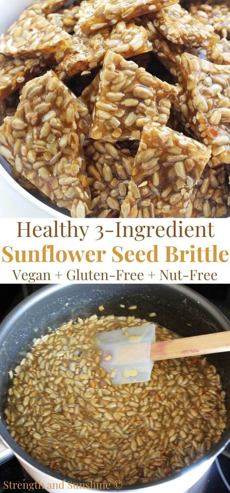 Sunflower Seed Brittle (Vegan, Gluten-Free) | Strength and Sunshine | This easy 3-ingredient Sunflower Seed Brittle recipe is a sweet, nutty, and crunchy treat perfect as a healthy snack or delicious edible holiday gift idea! Naturally gluten-free, vegan, and paleo, this low-sugar brittle recipe is easy to customize with flavors, spices, and liquid sweeteners like vegan honey! Make it crisp and crunchy or soft and chewy, everyone will want a piece! Sunflower Seed Chocolate Bites, Quinoa Brittle Recipe, Vegan Gf Recipes Desserts, Healthy Gluten Free Snack Ideas, Vegan Seed Bars, Soft Brittle Recipe, Honey Seed Bars, Nut And Seed Biscuits, Healthy Brittle Recipes