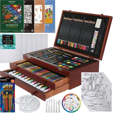 MEEDEN 215-Pcs Art Supplies Kit, Deluxe Painting, Drawing & Art Supplies with Wood Art Case,Coloring Pencils, Oil Pastels, Acrylic, Oil, Watercolor Paints, Paint Brushes, etc, for Artists and Kids Drawing Art Supplies, Coloring Pencils, Watercolor Cake, Art Birthday Party, Creative Arts And Crafts, Art Case, Watercolor Paints, Oil Pastels, Art Brushes