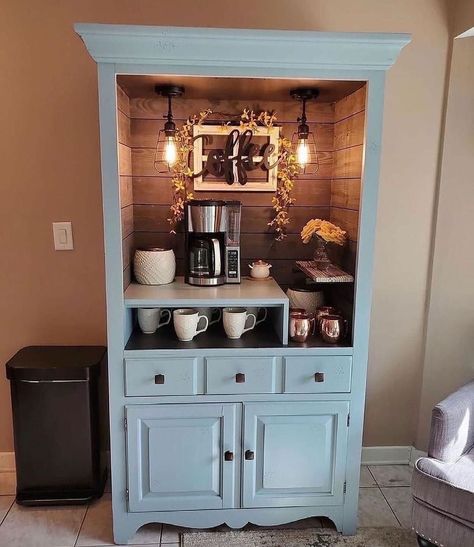 26 Trending Home Coffee Bar Designs for 2024 – Create Your Brew Haven Wardrobe Coffee Station, Corner Coffee Bar Ideas, Kaffe Station, Corner Coffee Bar, Loose Leaf Tea Storage, Kaffe Bar, Comic Room, Computer Armoire, Armoire Makeover