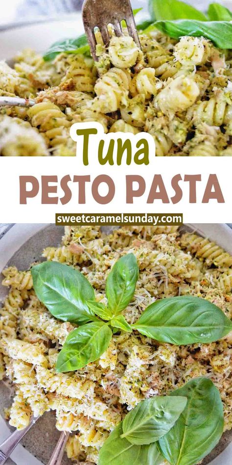 Fork being pushed into tuna pesto pasta in grey bowl with basil leaves on top. High Protein Tuna Pasta, Tuna Pesto Pasta Recipes, High Protein Pesto Pasta, High Protein Tuna Recipes, Easy High Protein Pasta, Protein Pesto Pasta, Tuna Pesto Pasta, High Protein Pasta Recipes, Fish Salads