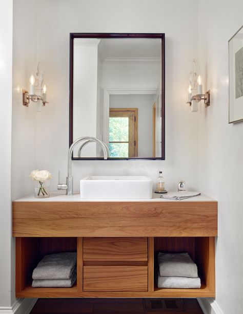 floating contemporary wood vanity, side arc faucet, vessel sink Home Depot Bathroom Vanity, Makeover Kamar Mandi, Home Depot Bathroom, Cozy Bathroom, Floating Bathroom Vanities, Bathroom Sink Cabinets, Turtle Creek, Modern Bathroom Sink, Wood Bathroom Vanity