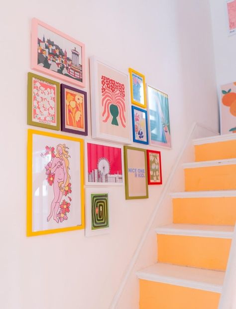 Colorful Gallery Wall Staircase, Colorful Wall Art Frames, Colourful Picture Frames On The Wall, Fun Picture Frame Wall, Maximalist Picture Frame, Coloured Frames On Wall, Bright Colored Picture Frames, Coloured Picture Frames, Playroom Wall Collage