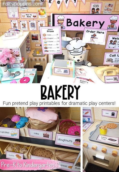 Kindergarten Bakery Dramatic Play, Bake Shop Dramatic Play, Bakery Play Stand, Bakery Center Preschool, Baking Unit Preschool, Bakery Unit For Preschool, Community Helpers Pretend Play, Bakery Dramatic Play Center, Bakery Kindergarten Ideas