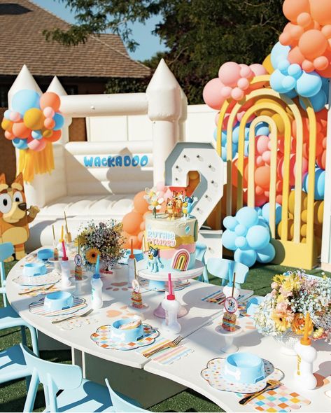 Bluey Party Balloon Arch, Blue Second Birthday, Bluey Party Welcome Sign, Bluey Birthday Beach Party, Blues Birthday Theme, Rainbow Bluey Party, Bluey Summer Party, Kids Birthday Party Theme Ideas, Bluey Theme Party Ideas