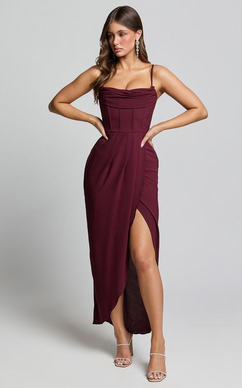 Andrina Midi Dress - High Low Wrap Corset Dress in Wine Flattering Wedding Guest Dress, Dress To Attend Wedding As A Guest, Fall Wedding Dress Guest, Fall Bridesmaids Dresses, Corset Bridesmaid Dress, December Wedding Guest Dress, Elegant Wedding Guest Outfit, Bridesmaid Dress Midi, Cocktail Party Outfits