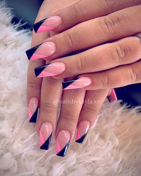 Pink Black Nails, Nail Tip Designs, Fancy Nails Designs, Her Nails, Black Nail Designs, Black Nail, Short Acrylic Nails Designs, Pink Acrylic Nails, Square Acrylic Nails