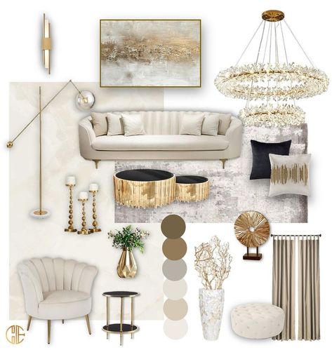 Cream White Grey Living Room, Black And Gold Accents Living Room, Gold Black And Cream Living Room, White And Gold Small Living Room, White Cream And Gold Living Room, Neutral Glam Living Room Decor, Grey Yellow Gold Living Room, Grey And Cream Living Room Ideas Modern, Neutral Elegant Living Room