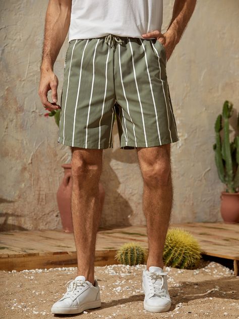 Green Preppy   Polyester Striped Straight Leg Embellished Non-Stretch Spring/Summer/Fall Men Bottoms St Tropez Style, Striped Shorts Outfit, Spring Swimwear, Green Preppy, Shein Men, Mens Shorts Outfits, St Tropez, Green Shorts, Mens Swimwear