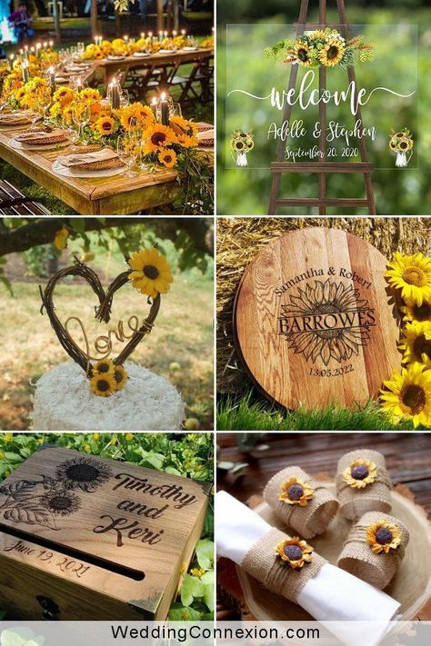 Add a splash of sunshine to your big day with rustic sunflower wedding ideas. A perfect theme for spring, summer and autumn, the yellow tone of sunflowers will bring a joyful and cheery vibe to your event. View our specially hand-picked rustic sunflower wedding ideas at WeddingConnexion.com Sunflower And Fishing Wedding, Sunflower Wedding Reception Ideas, Green And Sunflower Wedding Theme, Sunflower Wedding Shower Ideas, Green And Sunflower Wedding, Sunflower And Daisy Wedding, Rustic Sunflower Wedding Ideas, Rustic Sunflower Wedding Decor, Diy Sunflower Wedding