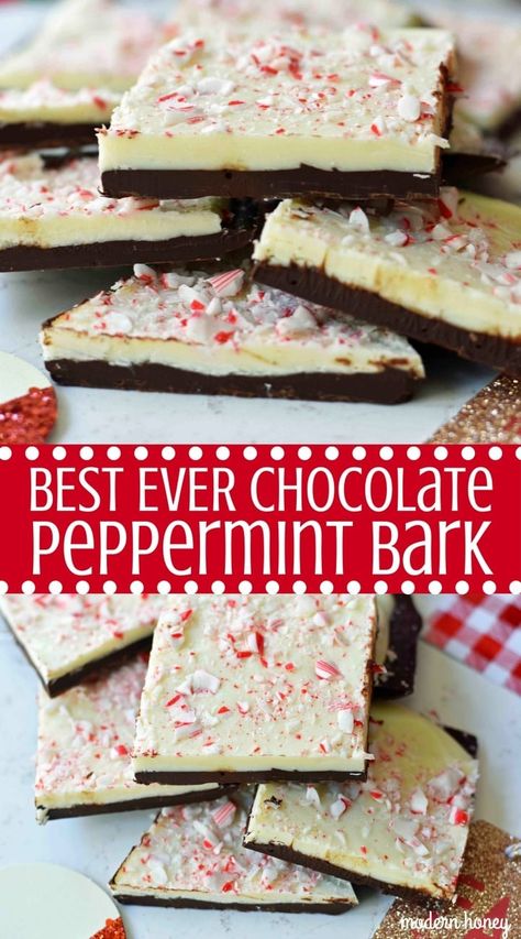 Melting Chocolate Recipes, Xmas Sweets, Toffee Dessert, Peppermint Bark Recipe, Peppermint Bark Recipes, Crushed Peppermint, Modern Honey, Chocolate Peppermint Bark, Melted White Chocolate