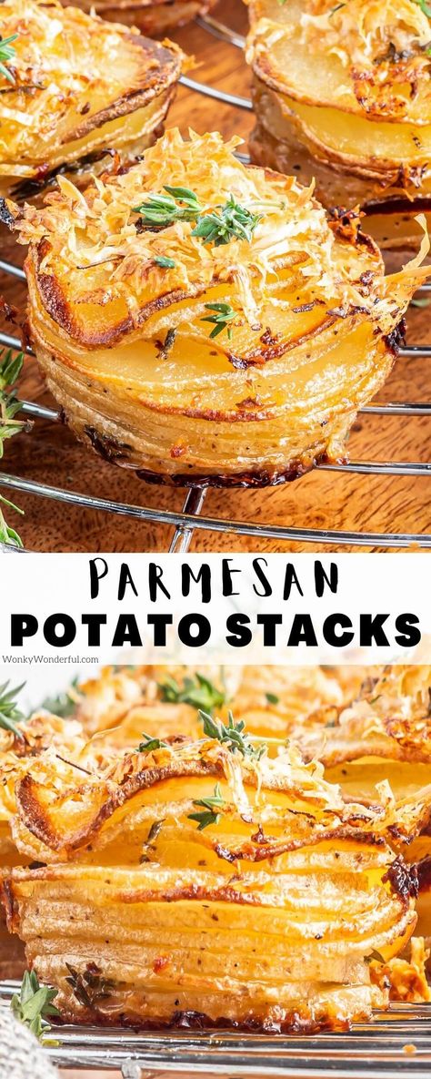 Crispy Layered Potatoes, Parmesan Stacked Potatoes, Best Potatoes Recipes, Au Gratin Potato Stacks, Sliced Potato Stacks, Sliced Garlic Potatoes, Stack Potato Recipes, Elevated Potato Dish, Potato Stacks Muffin Tins Parmesan