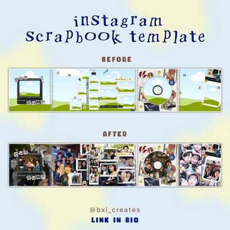 template linked ! Scrl App Templates Ideas, Digital Scrapbooking Instagram, Instagram Scrapbook Template, Canva Magazine Template, Canva Collage Templates, Insta Scrapbook Post, Ig Scrapbook Post, Canva Scrapbook Template, Photo Dump Template