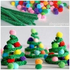 Christmas trees from pipe cleaners Pipe Cleaner Christmas, Craft Pipe Cleaner, Snowman Crafts Diy, Christmas Crafts For Kids To Make, Pipe Cleaner Crafts, Preschool Christmas, Pipe Cleaners, Kids Ornaments, Crafts For Kids To Make