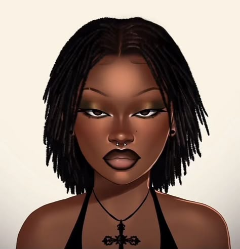 Pfp For Girl Black Locs Cartoon, Black Women With Locs Art, Cartoon With Locs, Girl With Locs Drawing, How To Draw Locks, Locs Anime, Loc Drawings, How To Draw Locs, Black Hairstyles Drawing Reference