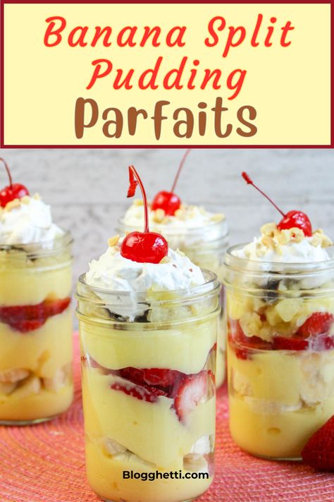 This Banana Split Pudding Parfait recipe is an easy twist on the classic banana split creating a delicious layered dessert. The parfait combines vanilla pudding between layers of bananas, strawberries, and pineapples. Topped with a good drizzle of chocolate syrup, creamy whipped cream, a sprinkling of chopped nuts, and a maraschino cherry. Easy Parfait Recipes, Banana Split Pudding, Easy Parfait, Pudding Parfait Recipes, Best Bread Pudding Recipe, Homemade Hot Fudge, Parfait Recipe, Strawberry Pudding, Pudding Parfait