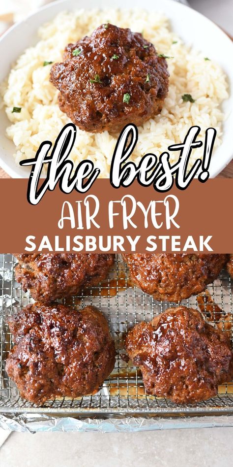 Cooking Ground Beef In Air Fryer, Air Fryer Beef Patties, Air Fry Ground Beef, Air Fryer Salisbury Steak Recipe, Ground Meat Air Fryer Recipes, Air Fryer Dinner Recipes Beef, Air Fryer Recipes With Hamburger Meat, Air Fryer Salisbury Steak, Air Fryer Swiss Steak