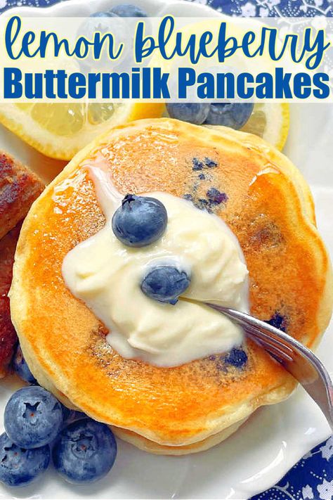 Lemon Blueberry Pancakes | Foodtastic Mom #pancakerecipes #buttermilkpancakes #lemonblueberrypancakes via @foodtasticmom Lemon Protein Pancakes, Lemon Blueberry Pancakes Recipe, Lemon Blueberry Goat Cheese Pancakes, Lemon Pancakes Recipe, Lemon Blueberry Ricotta Pancakes, Lemon Blueberry Pancakes, Blueberry Buttermilk Pancakes, Lemon Pancakes, Blueberry Pancakes Recipe