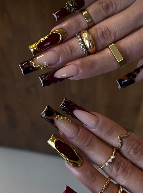 Deep Red Nails With Gold, Oldies Nails, Fall Nail Art Ideas, Leaf Patterns, Girly Acrylic Nails, Unique Acrylic Nails, Soft Nails, Bling Acrylic Nails, Nagel Inspo