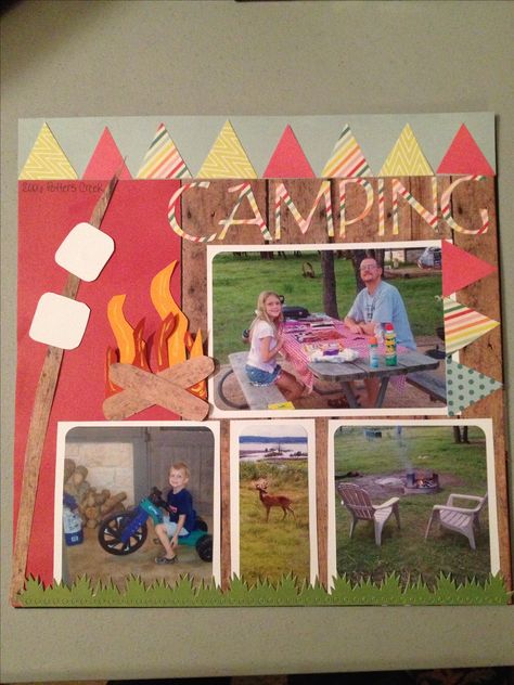 Camping Scrapbooking page Camping Scrapbook Pages, Scrapbook Ideas Camping, Campfire Scrapbook Layouts, Camping Scrapbook Ideas, Nature Scrapbook Ideas, Summer Camping Photography, Camp Scrapbook, Camping Scrapbook Layouts, Scrapbooking Vacation