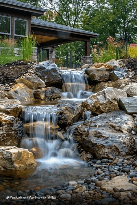 Hillside Water Feature, Large Pond Waterfall Ideas, Waterfall Stream Backyard, Hillside Waterfall Landscaping, Hillside Waterfall, Pondless Waterfall Ideas, Backyard Ponds And Waterfalls, Backyard Pondless Waterfall, Stone Waterfall