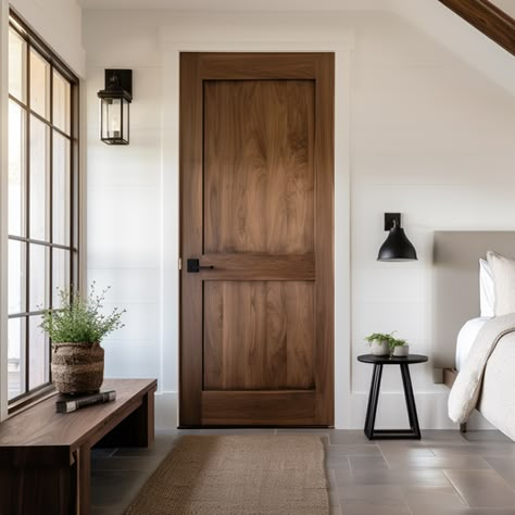 Interior Doors – Timber & Hutch Modern Farmhouse Stained Interior Doors, Wood Stained Doors With White Trim, Door Finishes Interior, Rustic Wood Interior Doors, Room Doors Bedrooms Wooden, Light Wood Doors With White Trim, Dark Wood Doors With Light Wood Floors, Wood Doors Inside House, Black Trim Wood Door